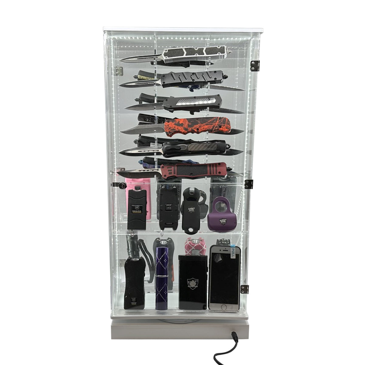 Streetwise 2 Sided Rotating LED Display with 12 Standard Knives and 16 Stun Guns - Smart Pulse Safety