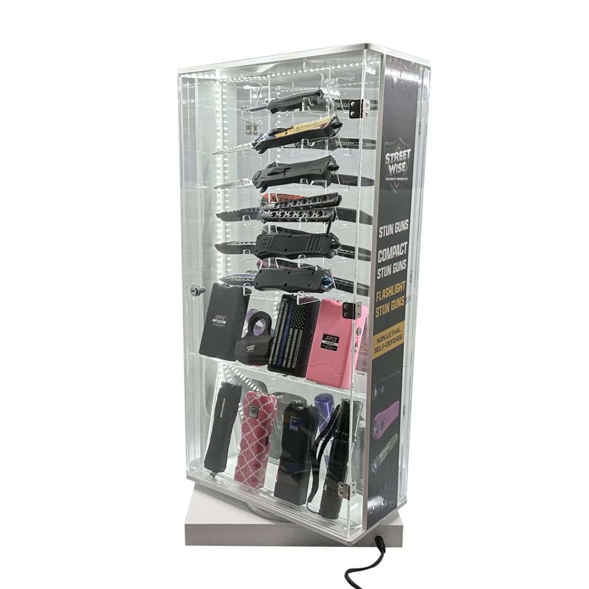 Streetwise 2 Sided Rotating LED Display with 12 Standard Knives and 16 Stun Guns - Smart Pulse Safety