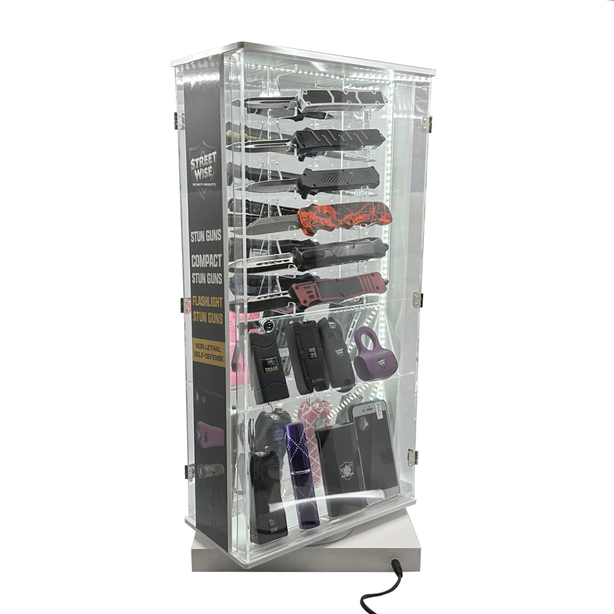 Streetwise 2 Sided Rotating LED Display with 12 Standard Knives and 16 Stun Guns - Smart Pulse Safety