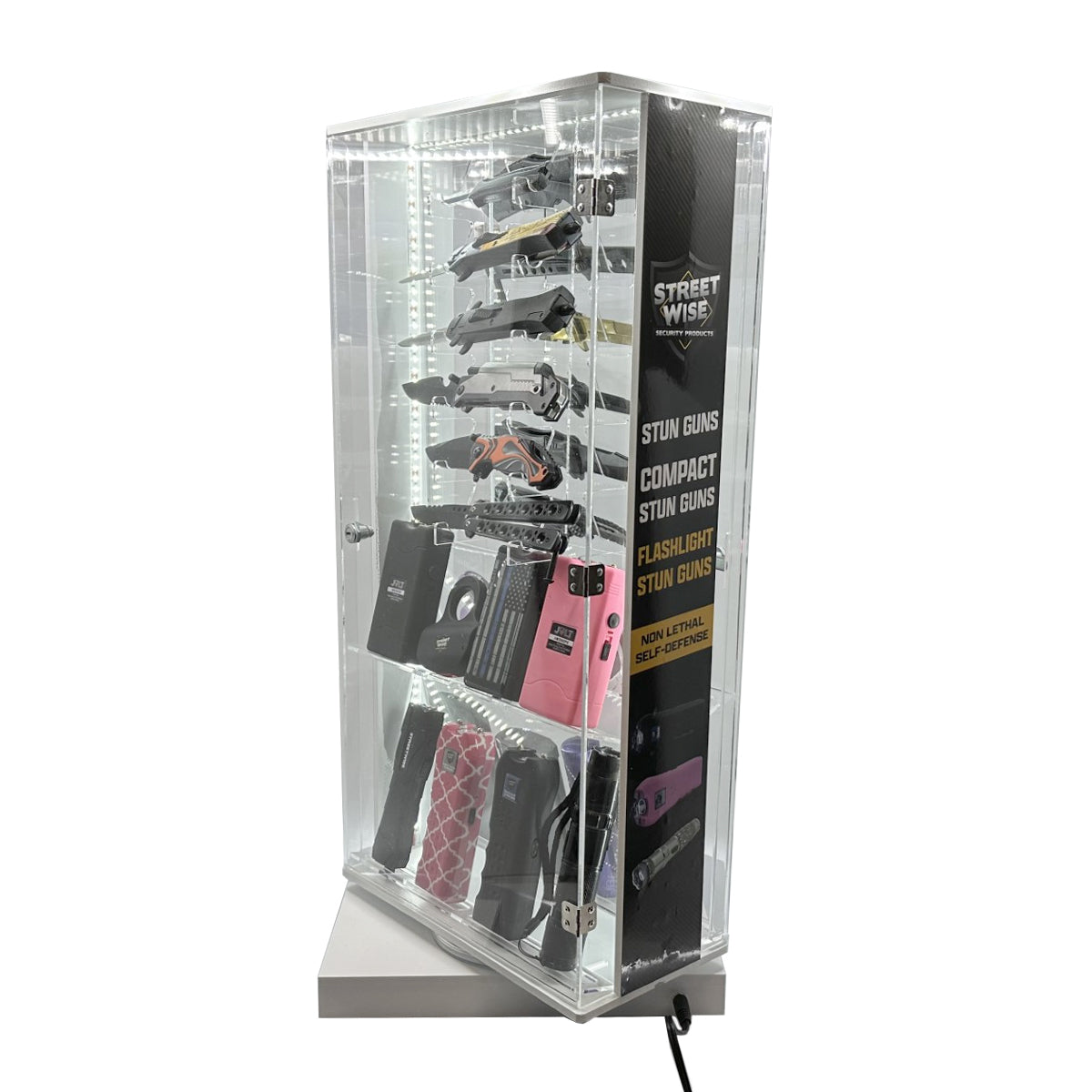 Streetwise 2 Sided Rotating LED Display with 12 Standard Knives and 16 Stun Guns - Smart Pulse Safety