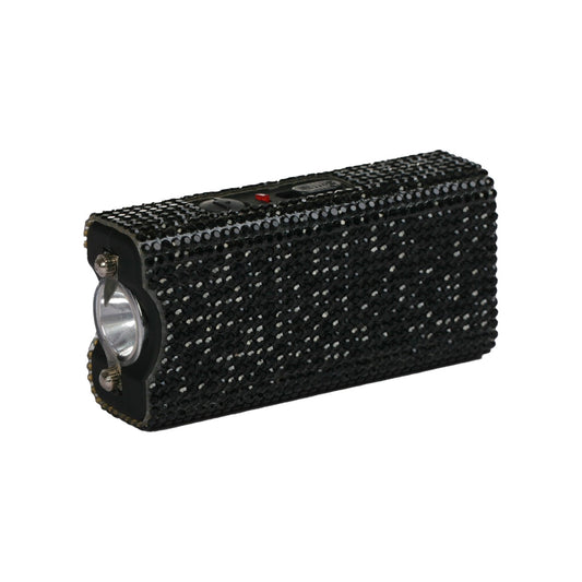 Streetwise Rhinestun Keychain Stun Gun with rhinestone grip, LED flashlight, holster, and USB charging port for compact personal protection