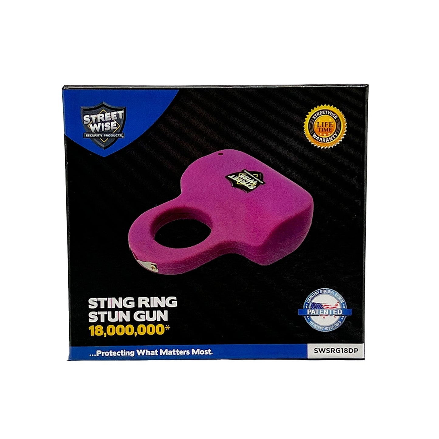 streetwise sting ring electric knuckle compact rechargeable self-defense product box packaging dark purple unit with lifetime warranty and patented design