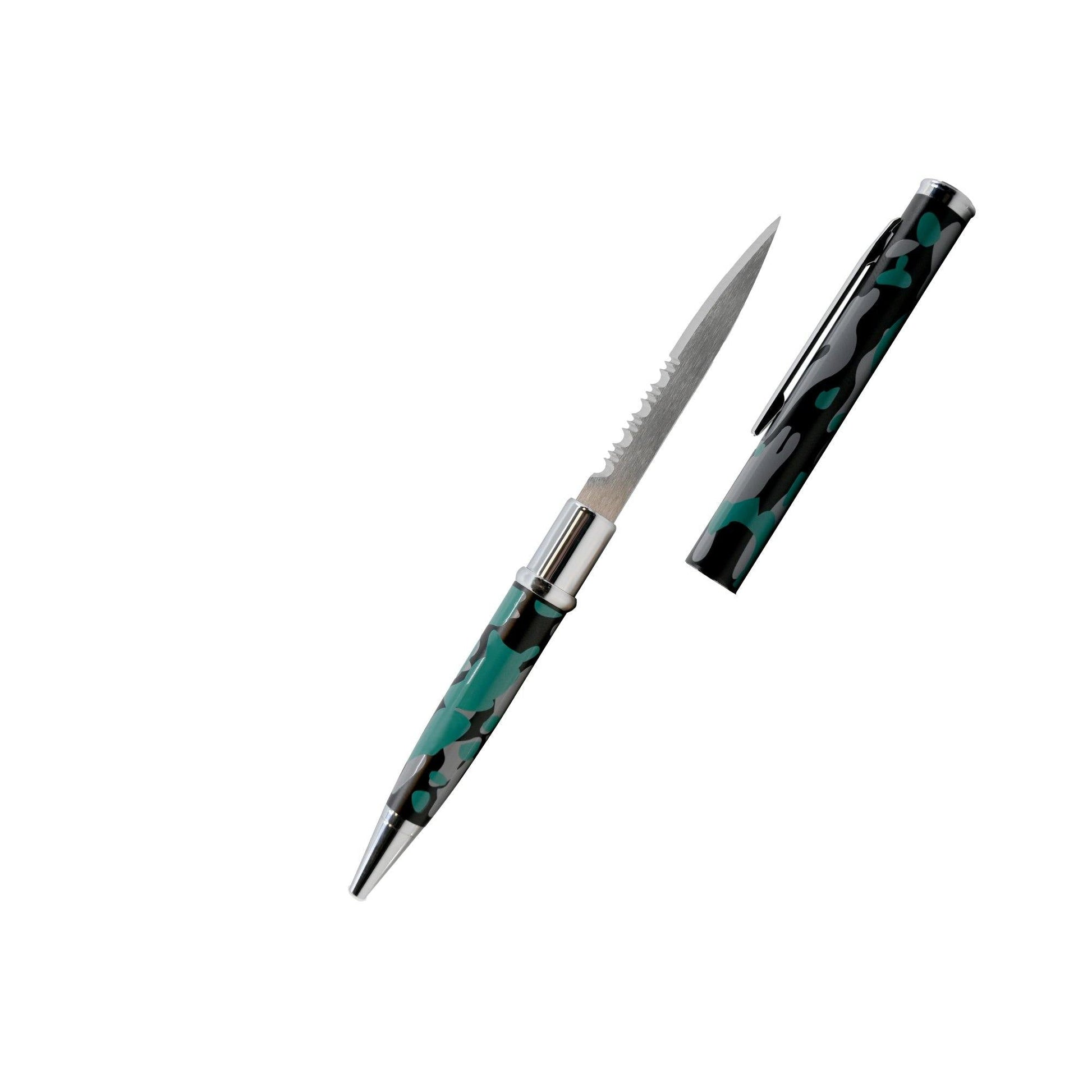 Non-serrated pen knife with hidden 2-inch stainless steel blade and black refillable ballpoint pen for self-defense and light cutting.