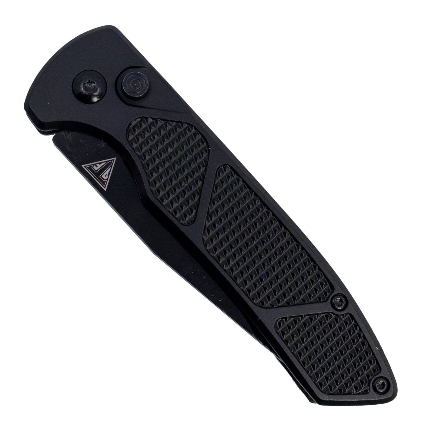 Closed view of Armed Force Tactical 7.75-inch automatic knife highlighting textured CNC aluminum handle and button release.