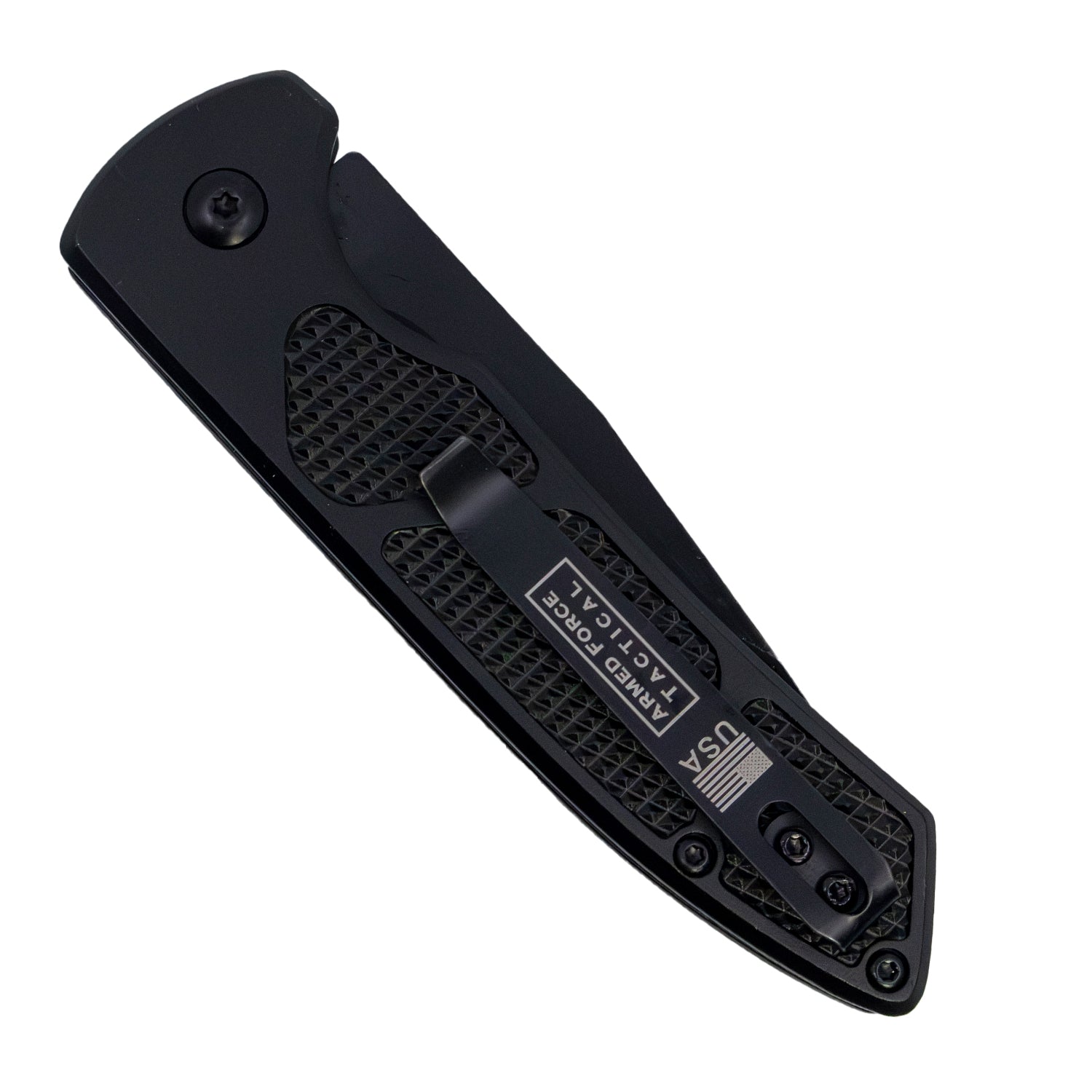 Rear view of Armed Force Tactical 7.75-inch automatic knife showing USA pocket clip and tactical aluminum handle design.