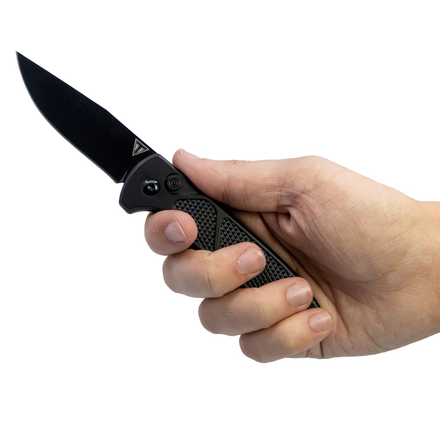 Armed Force Tactical 7.75-inch automatic spring assisted knife with drop point blade shown in hand for grip and size reference.