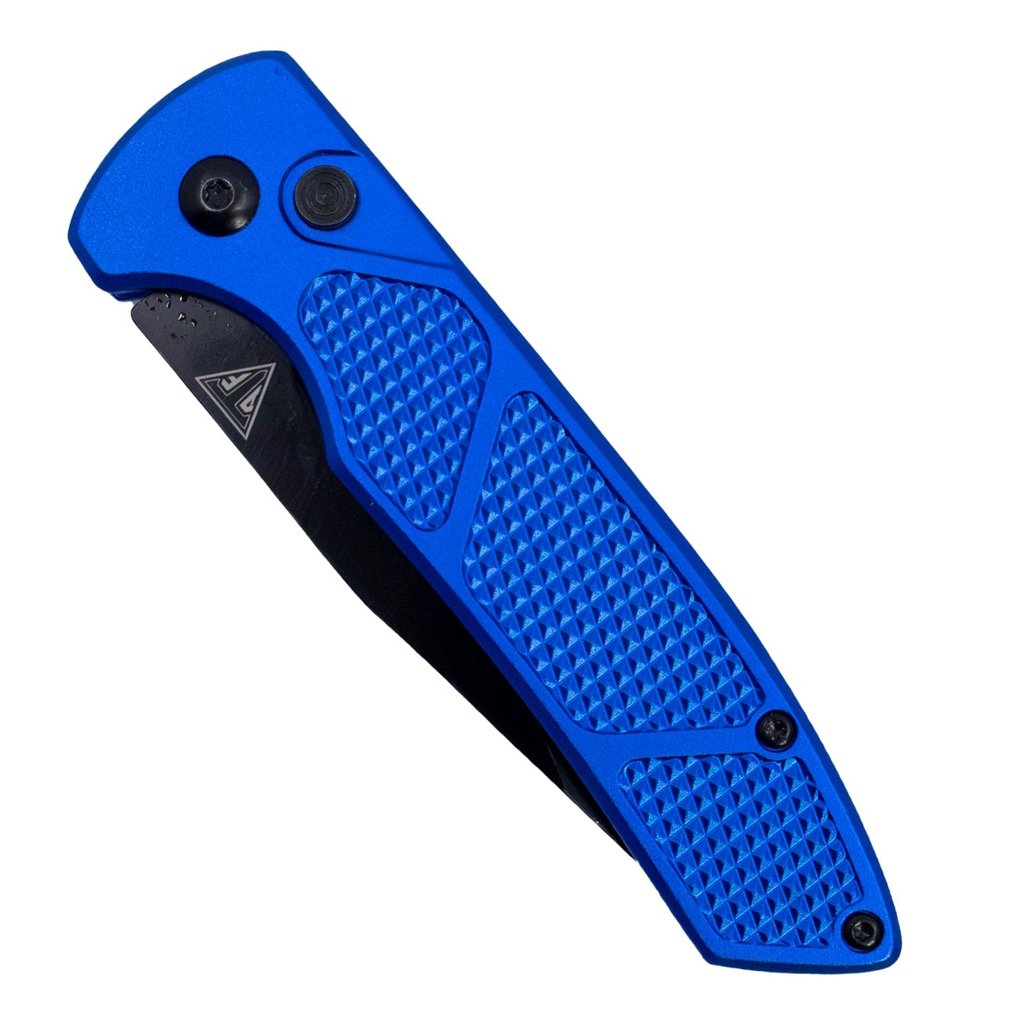 Closed view of Armed Force Tactical 7.75-inch blue automatic knife highlighting textured CNC aluminum handle and button release.
