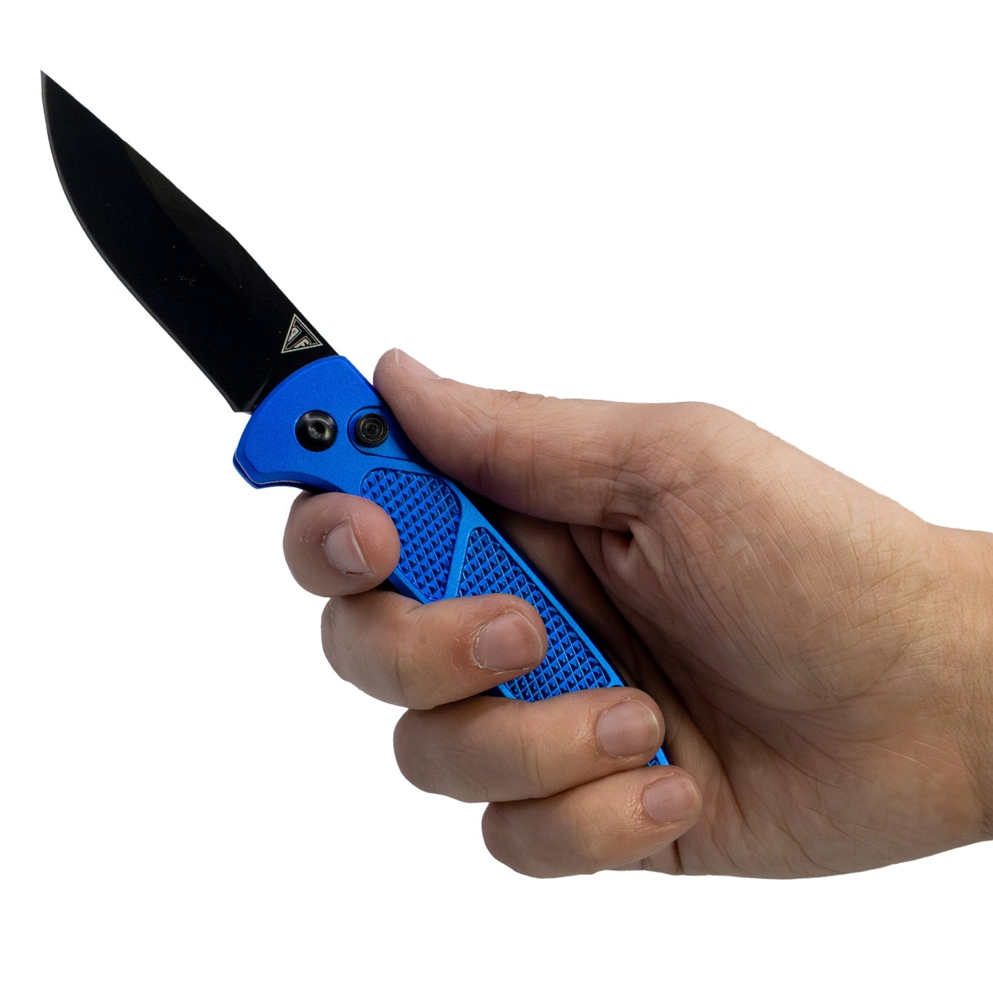 Armed Force Tactical 7.75-inch blue automatic spring assisted knife with drop point blade shown in hand for grip and size reference.