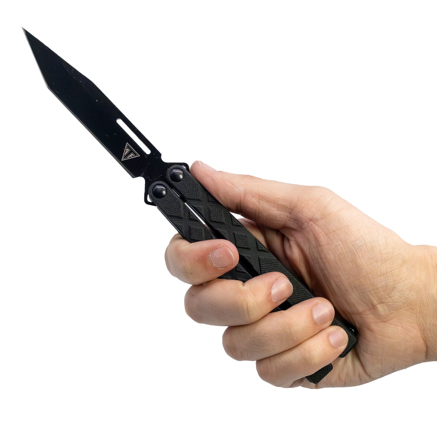 Armed Force Tactical 9-inch ball bearing G10 butterfly knife with tanto blade shown in hand for scale and grip detail.