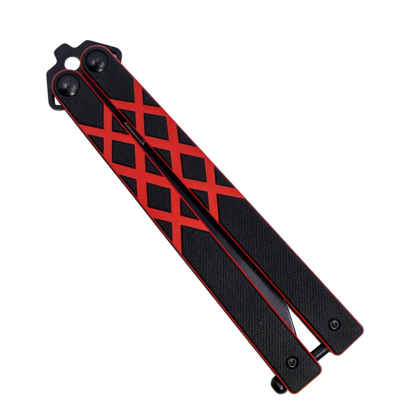 Closed view of Armed Force Tactical 9-inch G10 red butterfly knife showing diamond grip handle and latch lock design.