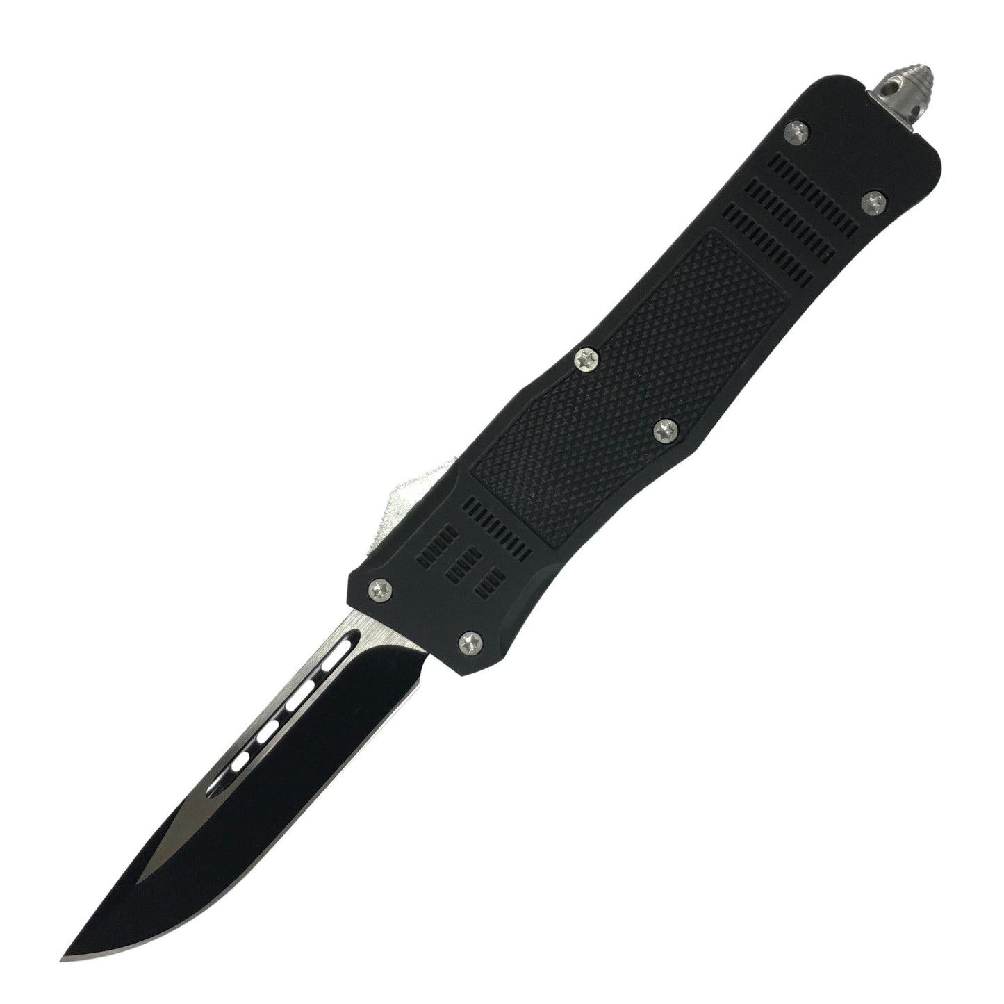 Armed Force Tactical automatic OTF knife with matte black handle and dual-edge blade