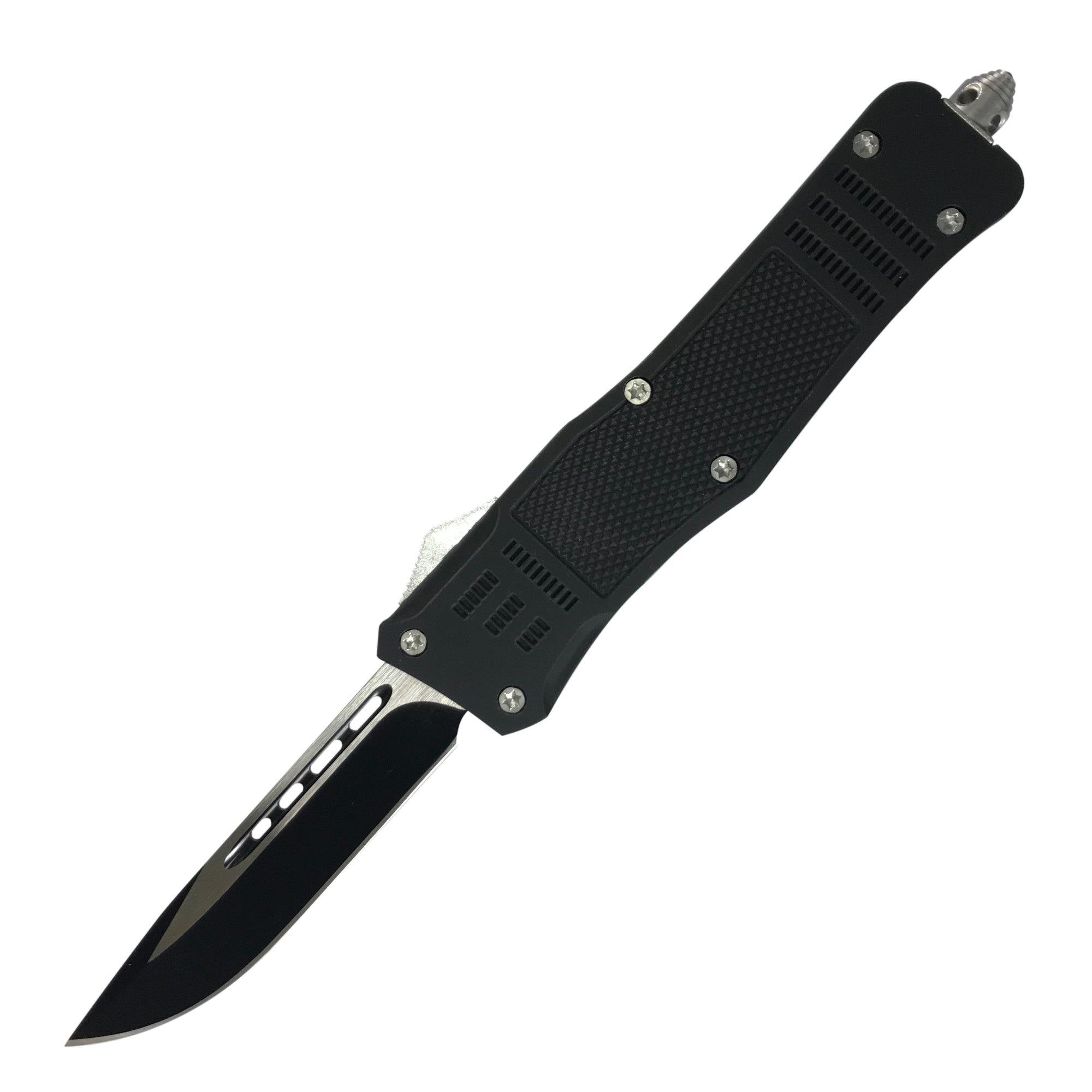 Armed Force Tactical automatic OTF knife with matte black handle and dual-edge blade