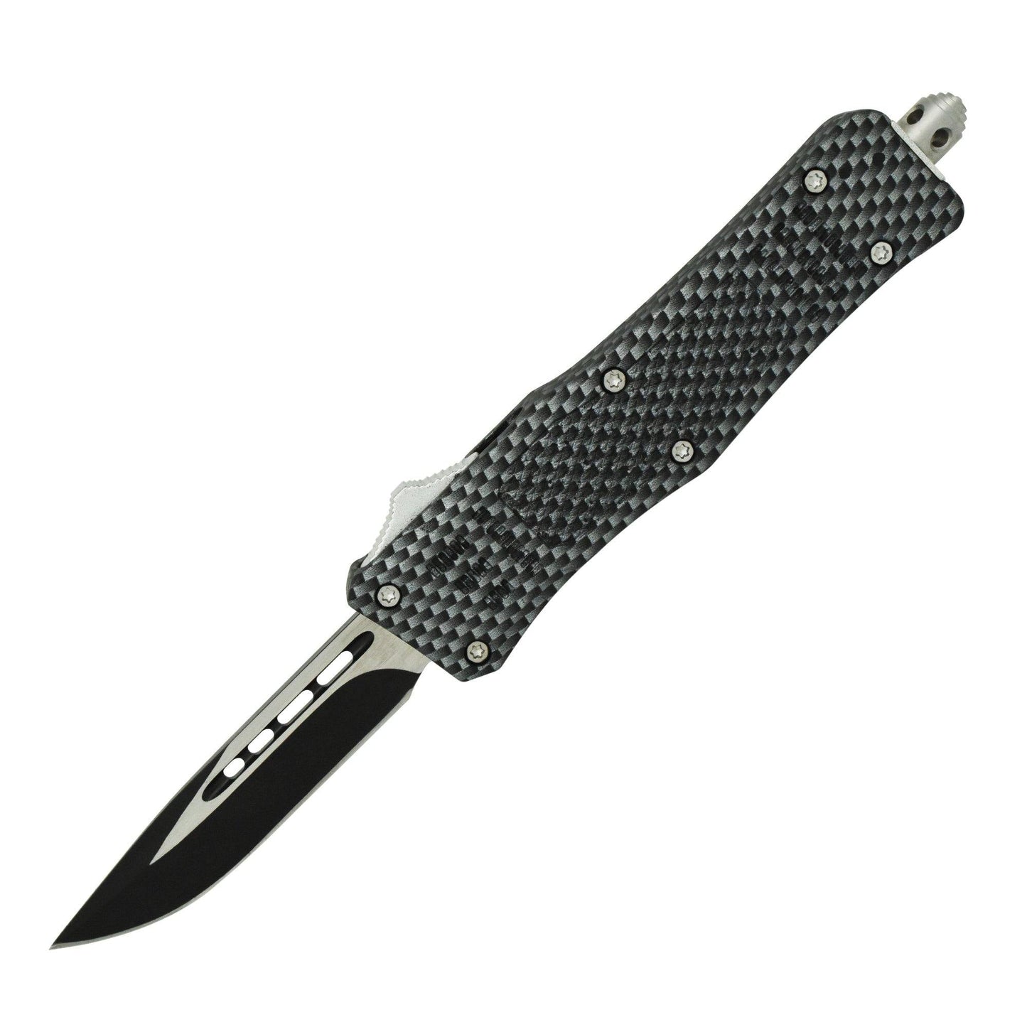 Armed Force Tactical automatic OTF knife with carbon fiber pattern handle and black blade