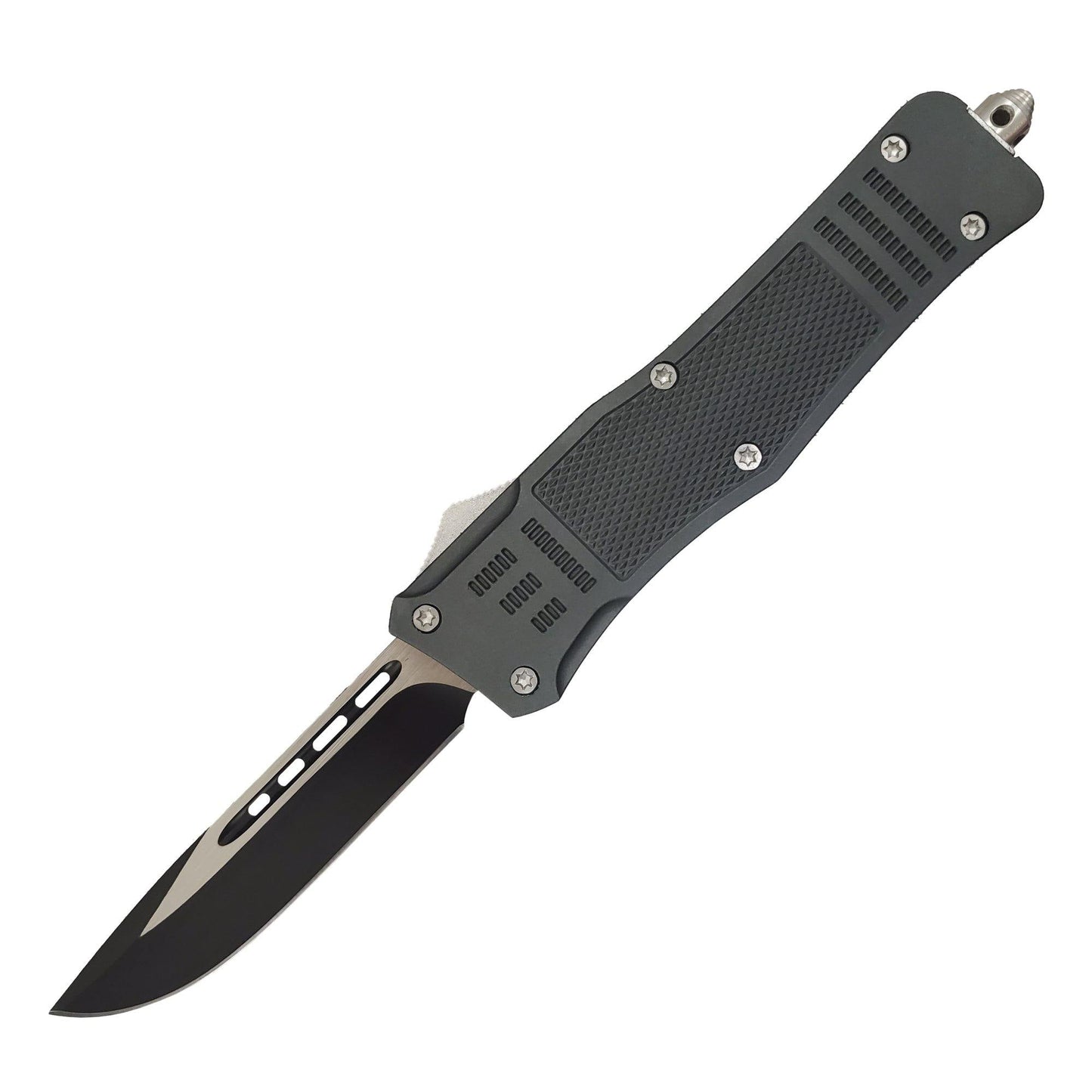 Armed Force Tactical gray automatic OTF knife with textured aluminum handle and black blade