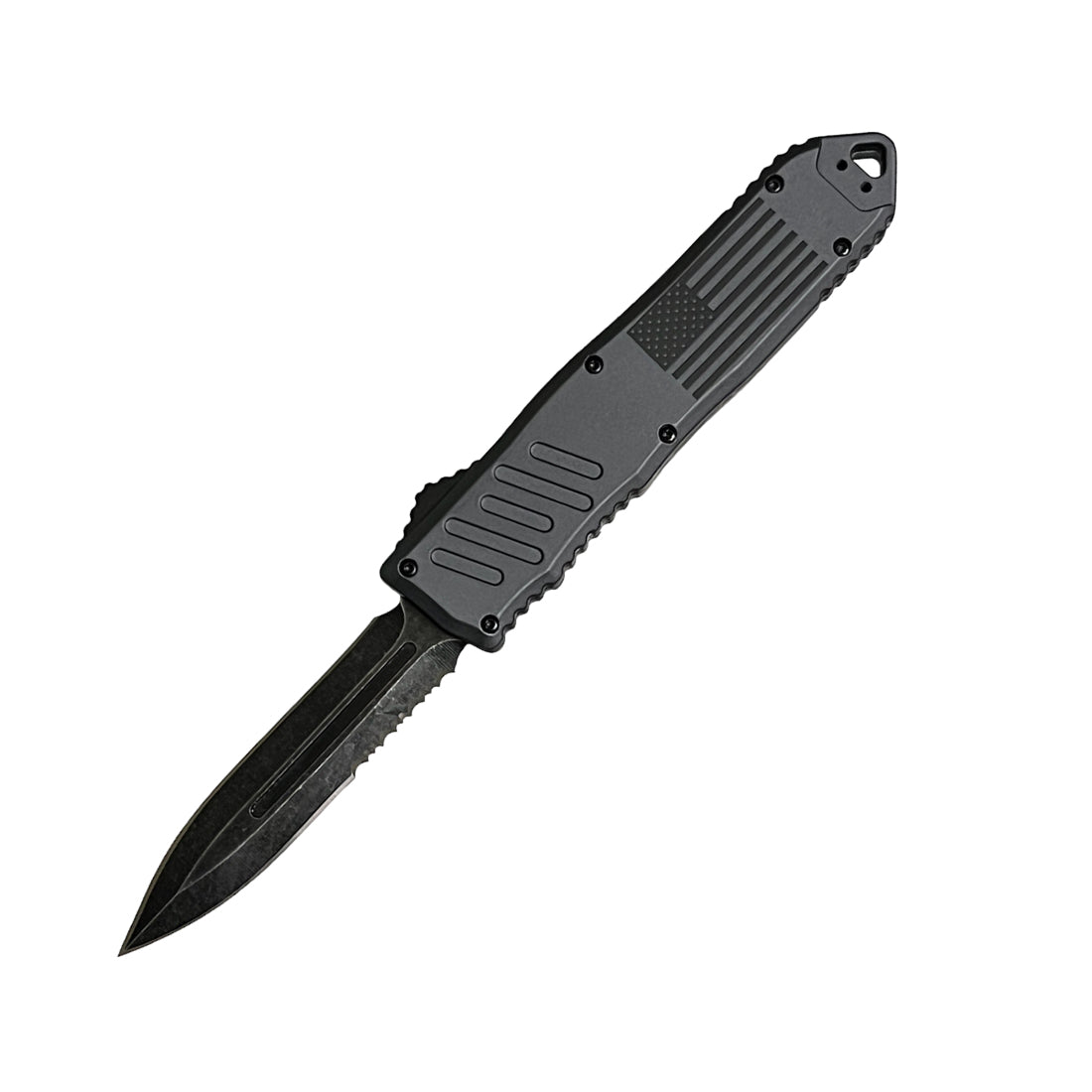 Armed Force Tactical OTF knife with black handle and black stonewashed double-edge blade