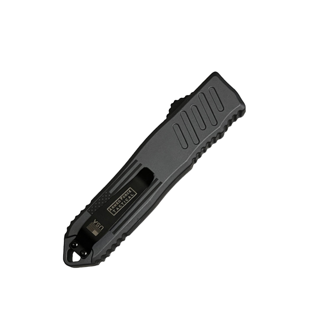 Folded Armed Force Tactical OTF knife showing black pocket clip and USA Armed Force Tactical logo