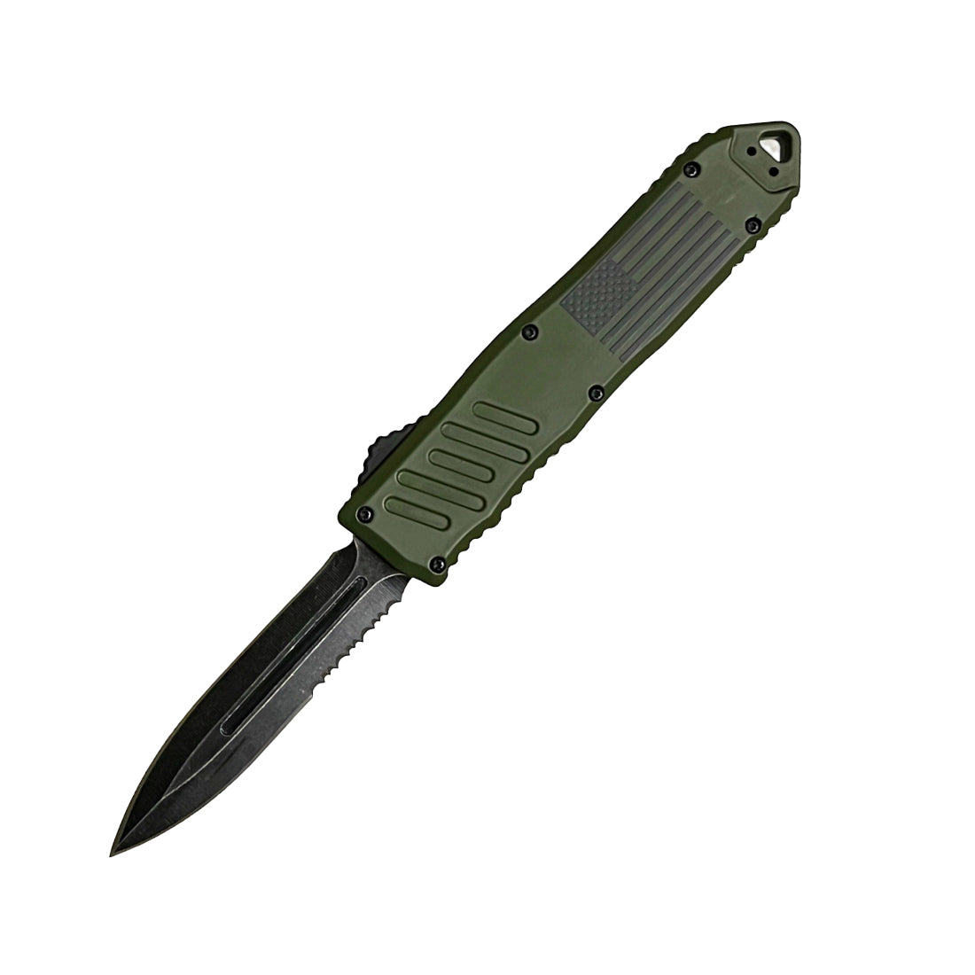 Armed Force Tactical OTF automatic knife with green handle and black double-edge blade