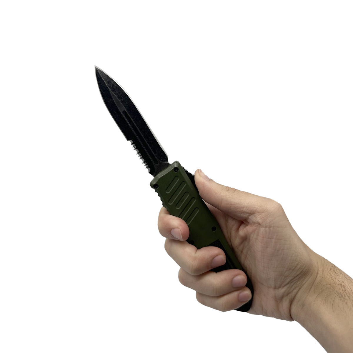Person holding Armed Force Tactical OTF knife with green handle and partially serrated blade