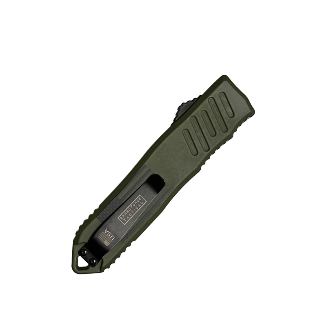 Folded Armed Force Tactical OTF knife showing pocket clip and USA branding on green handle
