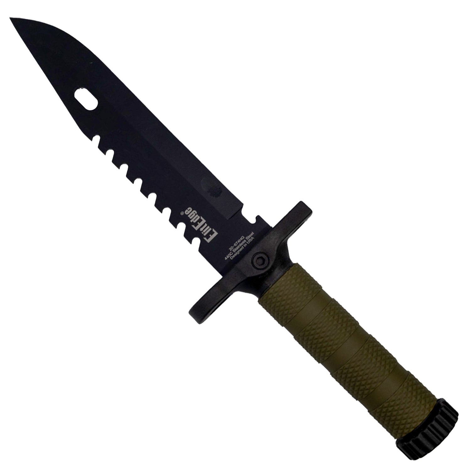 ElitEdge 12.5-inch green fixed blade survival knife with reverse serrated edge shown in hand for grip and blade size reference.