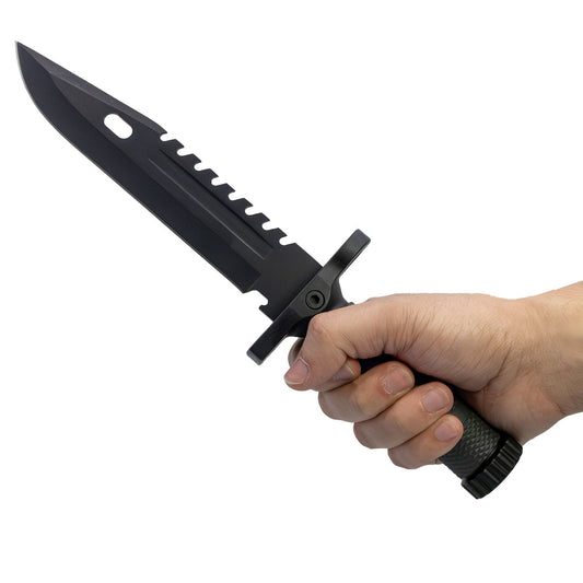 12.5-inch fixed blade survival knife with black serrated blade, rubberized handle, sheath, fire starter, sharpening rod, and compass