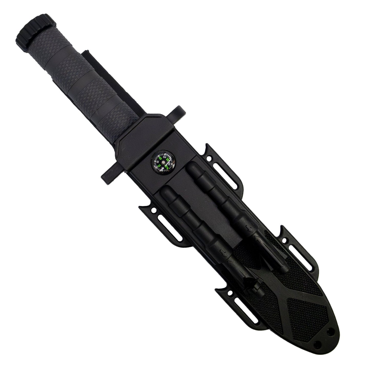 ElitEdge 12.5-inch fixed blade survival knife in black ABS sheath with built-in compass, fire starter, and sharpening rod.