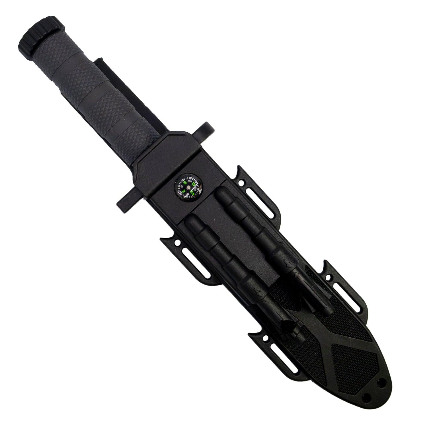 ElitEdge 12.5-inch fixed blade survival knife in black ABS sheath with built-in compass, fire starter, and sharpening rod.