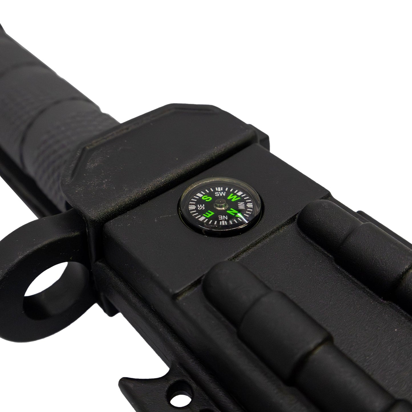 Close-up of ElitEdge 12.5-inch survival knife sheath showing built-in compass and rugged tactical construction.