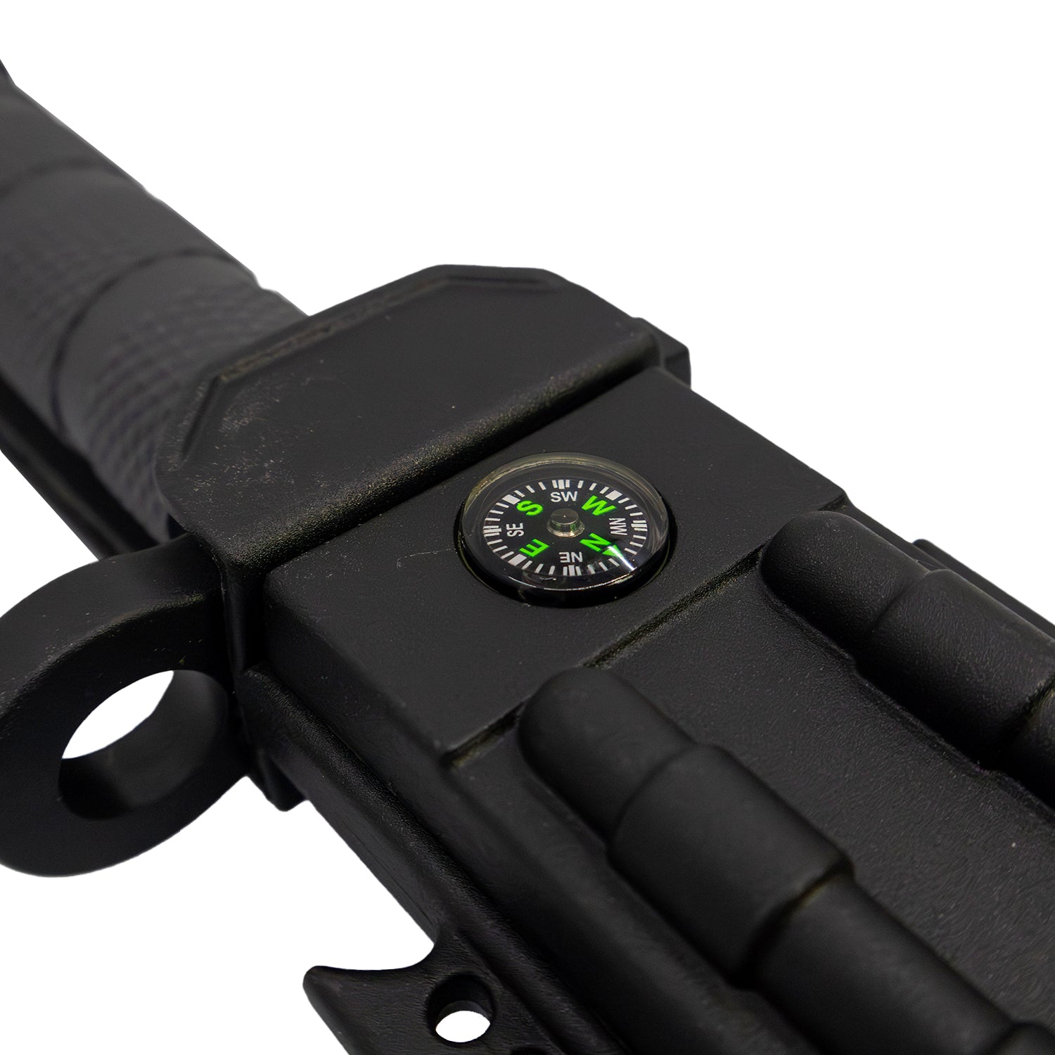 Close-up of ElitEdge 12.5-inch survival knife sheath showing built-in compass and rugged tactical construction.