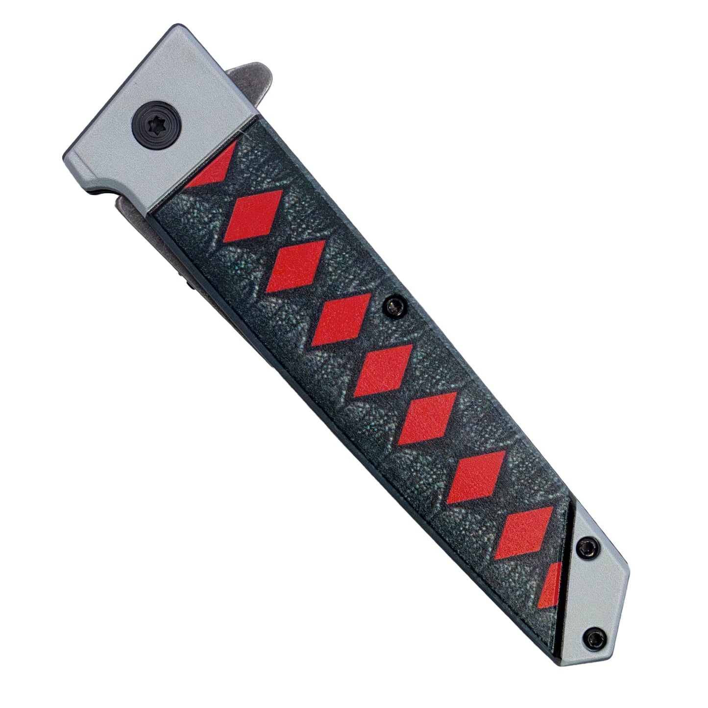 Closed ElitEdge 9-inch anime tanto knife with red diamond 3D-printed handle and black stainless steel frame.