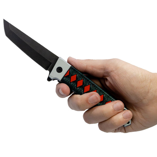 9" spring assisted anime knife with black stainless steel tanto blade and 3D-printed samurai handle