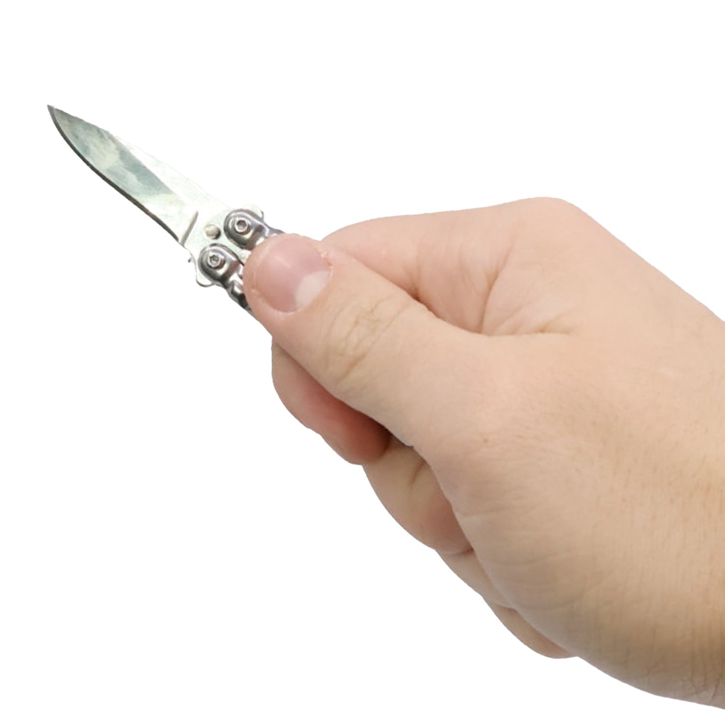 Mini silver butterfly knife keychain shown in hand for scale