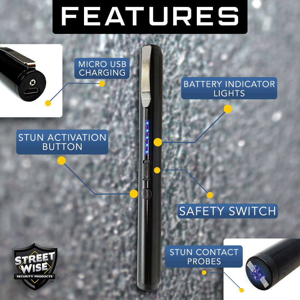 Streetwise disguised stun pen features micro usb charging, contact probes, battery charging lights, and metal clip