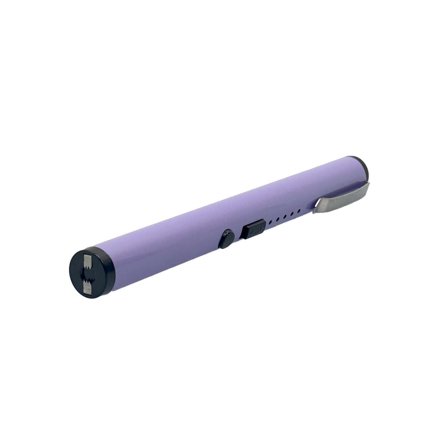 Streetwise disguised stun pen light purple angled view showing contact probes and stun button