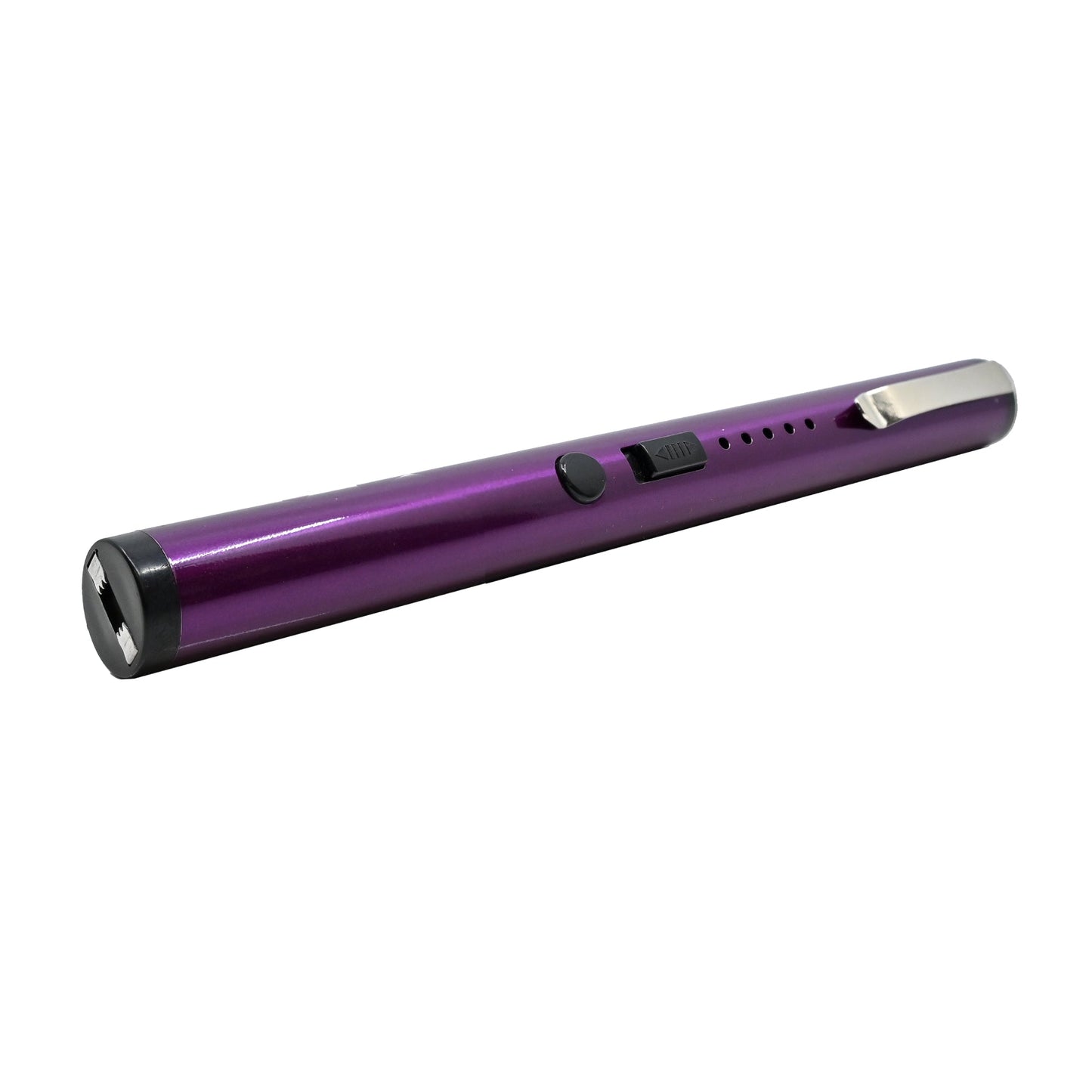 Streetwise disguised stun pen purple angled view showing contact probes and stun button