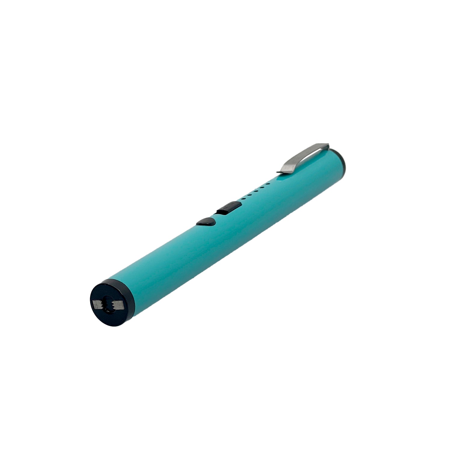 Streetwise disguised stun pen teal angled view showing contact probes and stun button