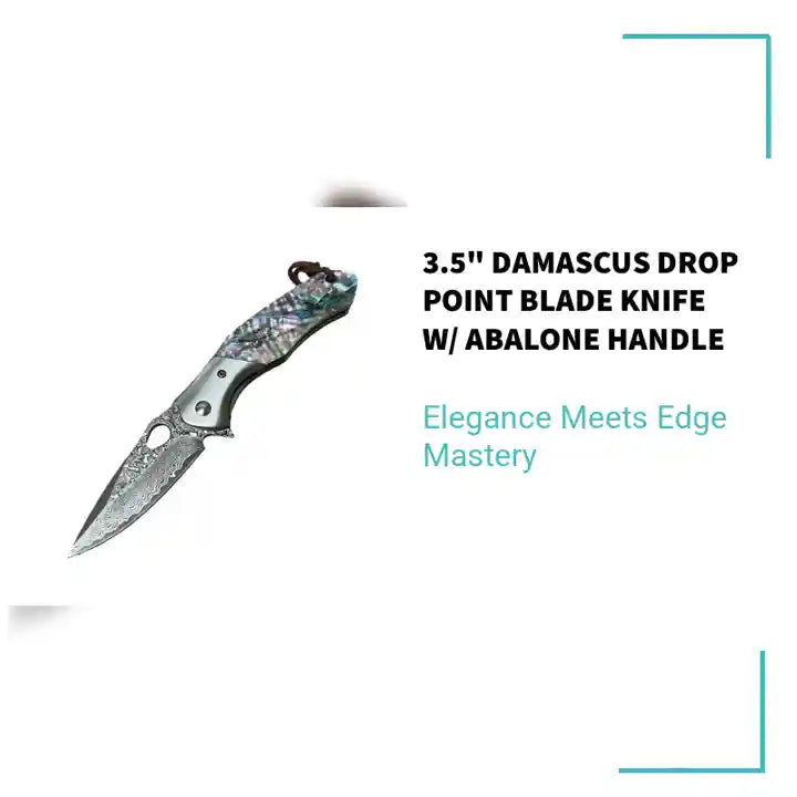 3.5" Damascus Drop Point Blade Knife w/ Abalone Handle by@Outfy