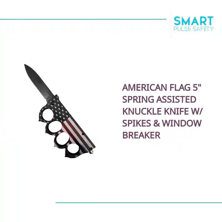 American Flag 5" Spring Assisted Knuckle Knife w/ Spikes &amp; Window Breaker by@Outfy