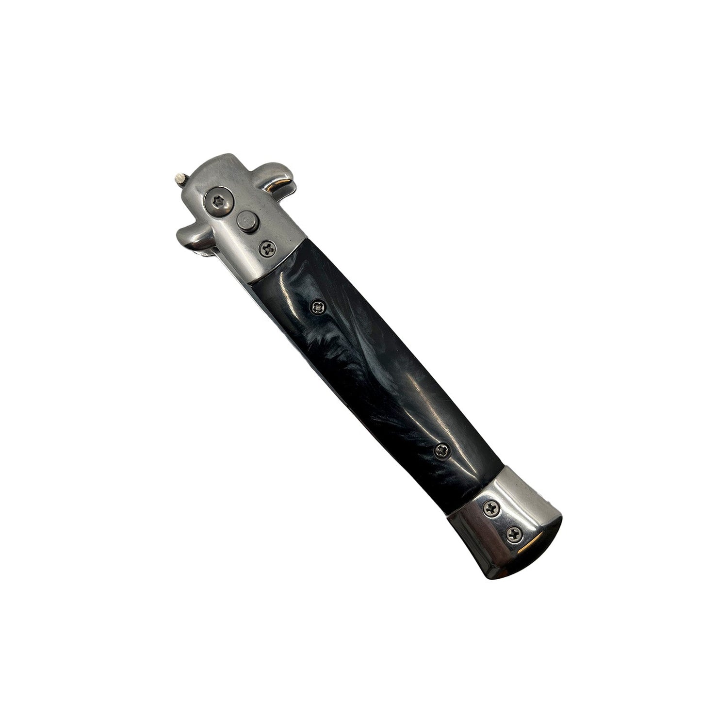 Closed Stiletto automatic knife with black handle and polished bolsters