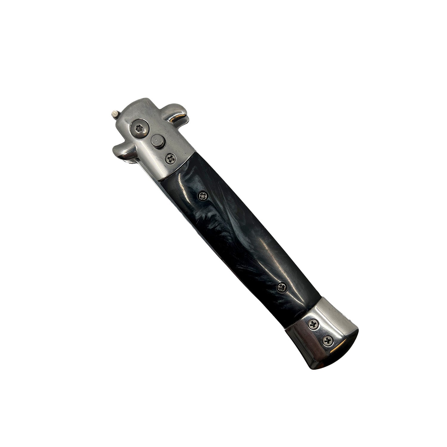 Closed Stiletto automatic knife with black handle and polished bolsters