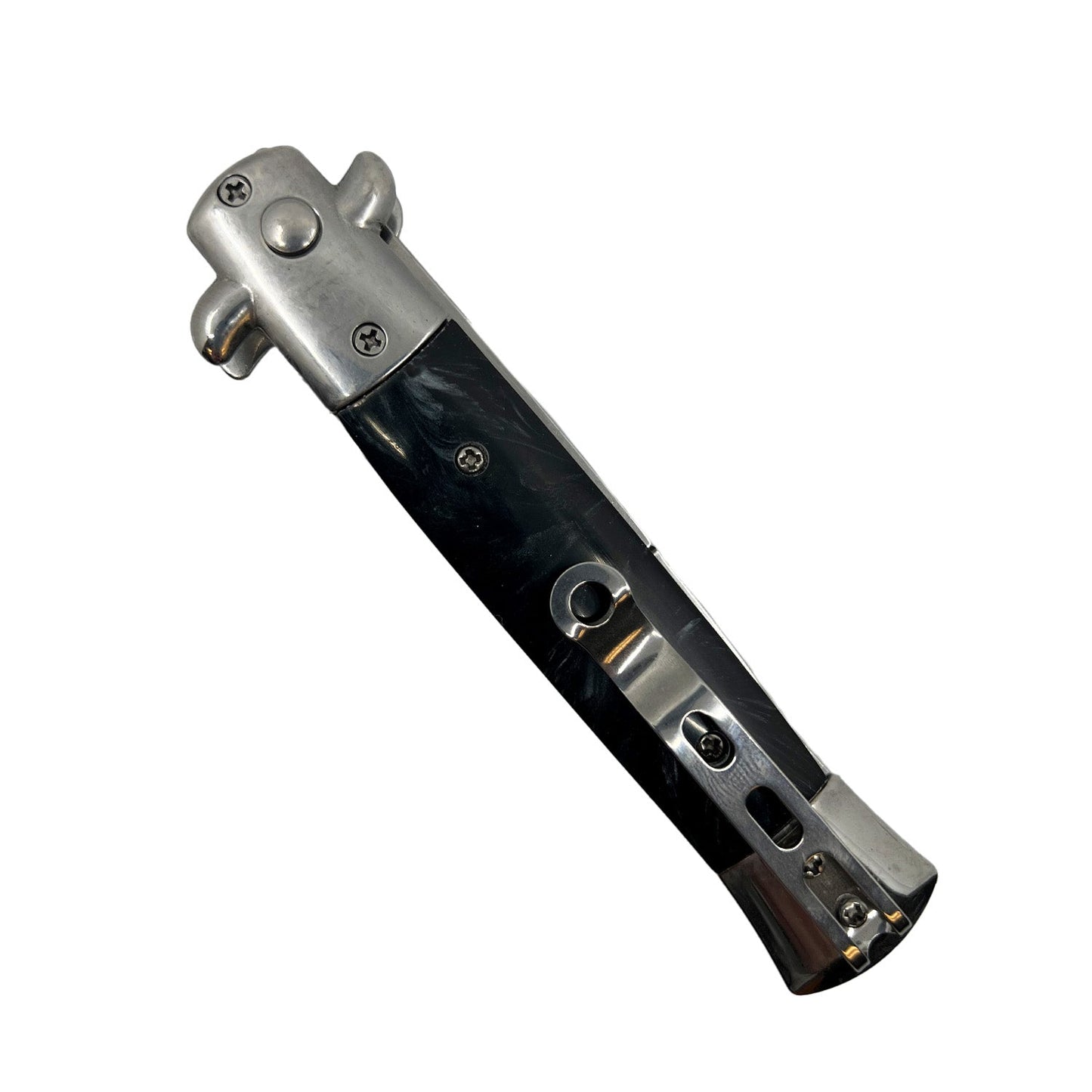 Stiletto automatic knife folded showing stainless pocket clip and black marbled handle