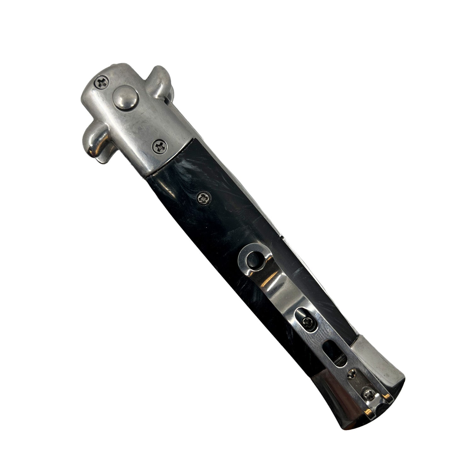 Stiletto automatic knife folded showing stainless pocket clip and black marbled handle
