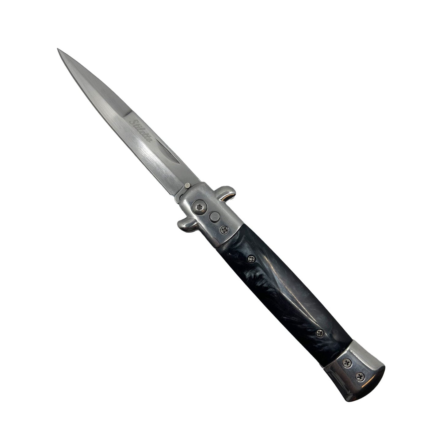 Stiletto automatic knife with black marbled handle and satin stainless blade