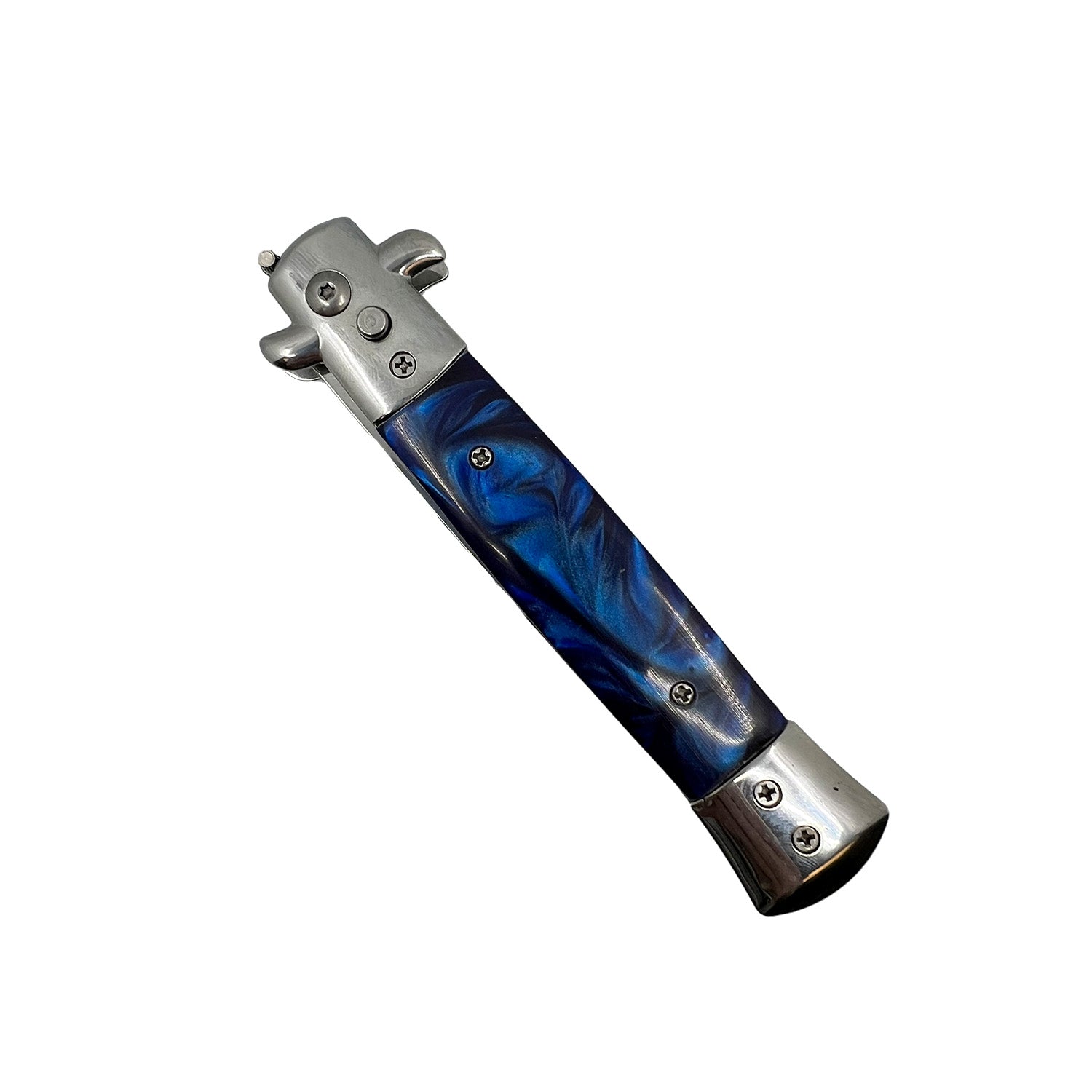 Closed Stiletto automatic knife showing blue swirl handle and stainless bolsters
