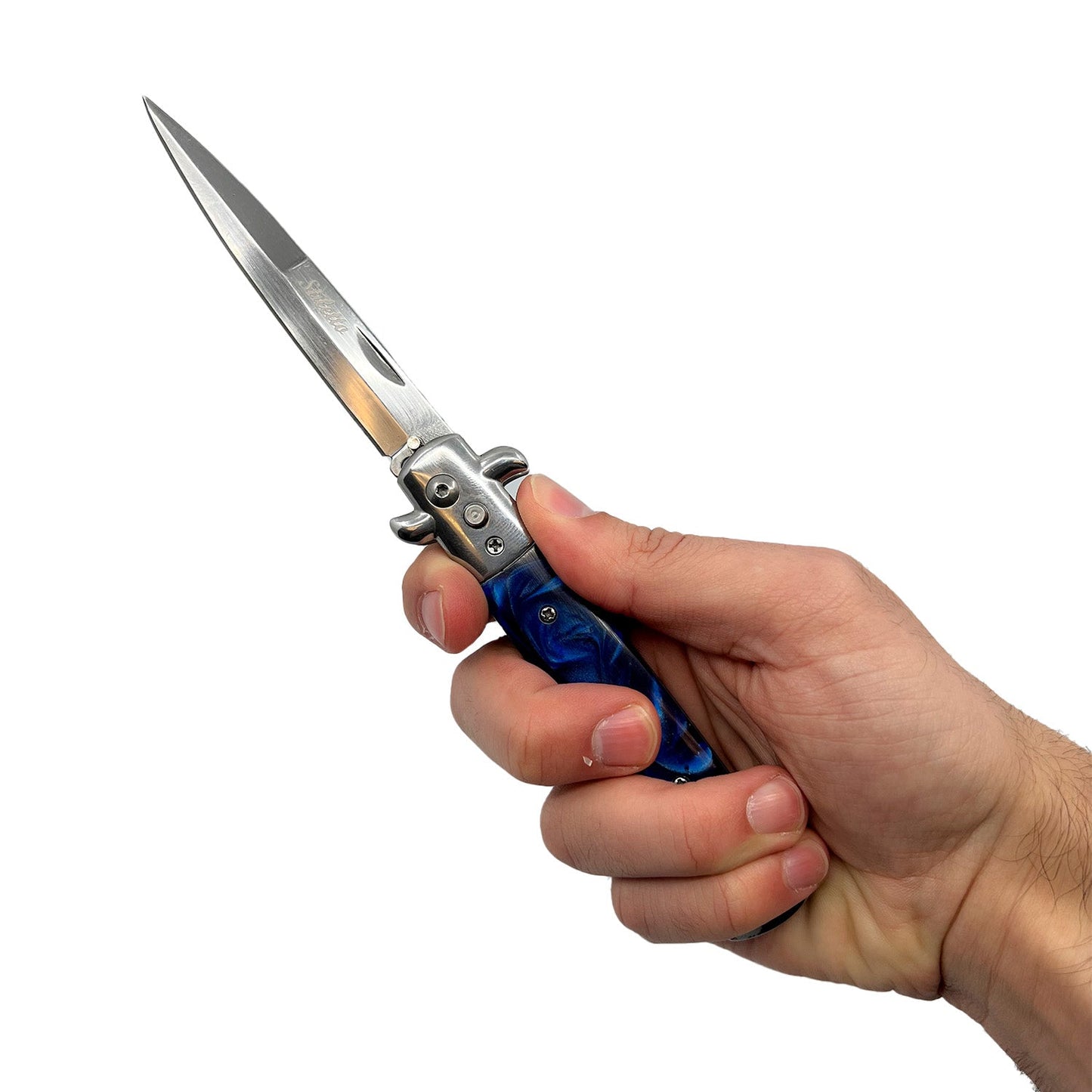 Person holding Stiletto automatic knife with blue marbled handle and polished blade