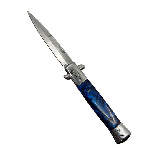Stiletto automatic knife with blue marbled handle and stainless steel blade
