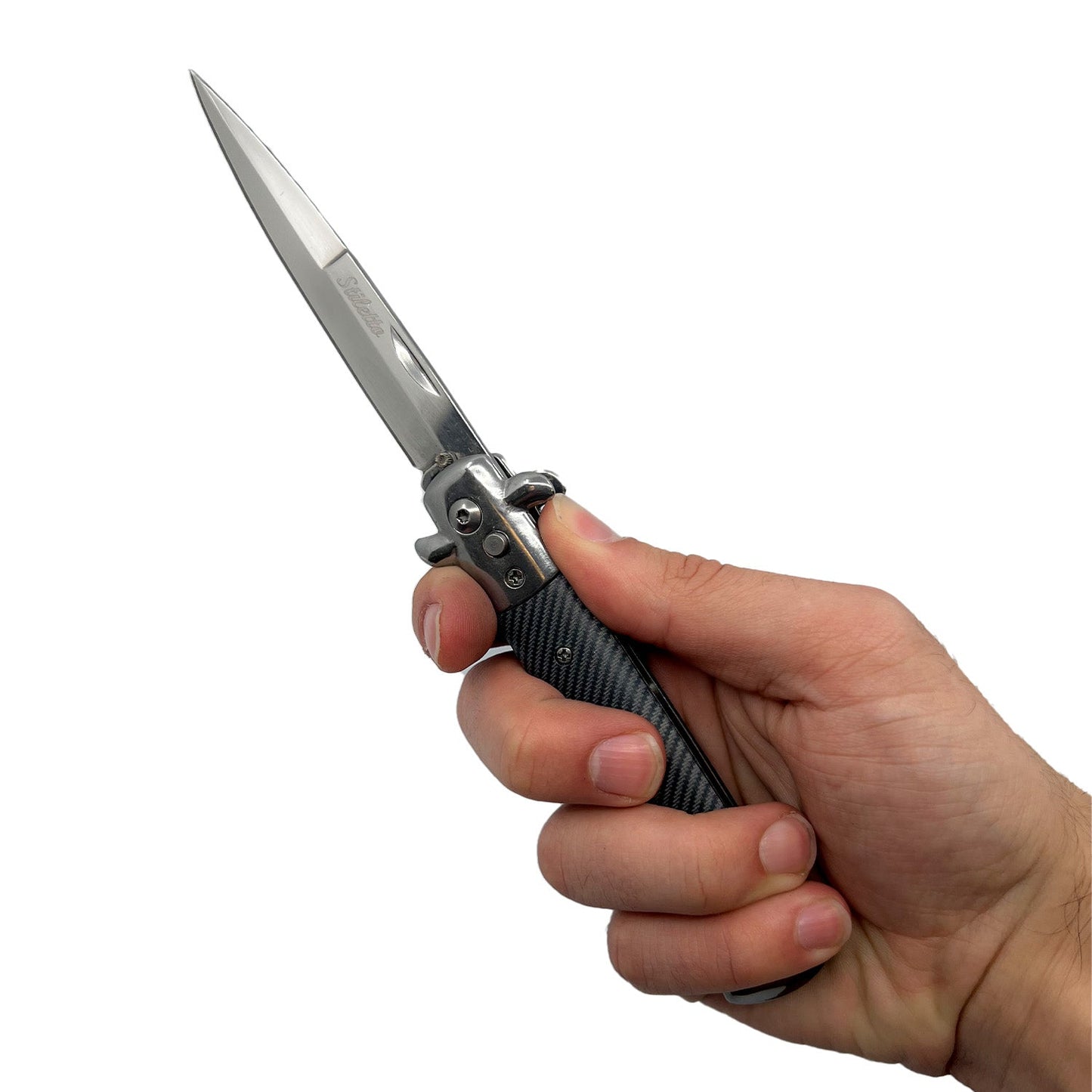 Person holding Stiletto automatic knife with carbon fiber textured handle and polished blade