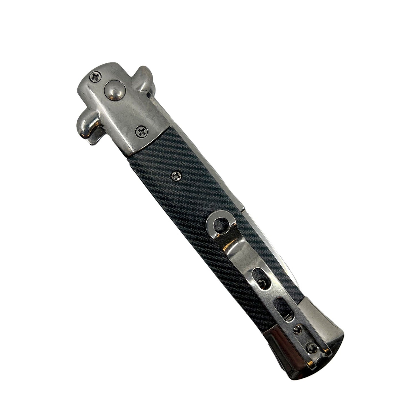 Stiletto automatic knife folded showing stainless pocket clip and carbon fiber handle