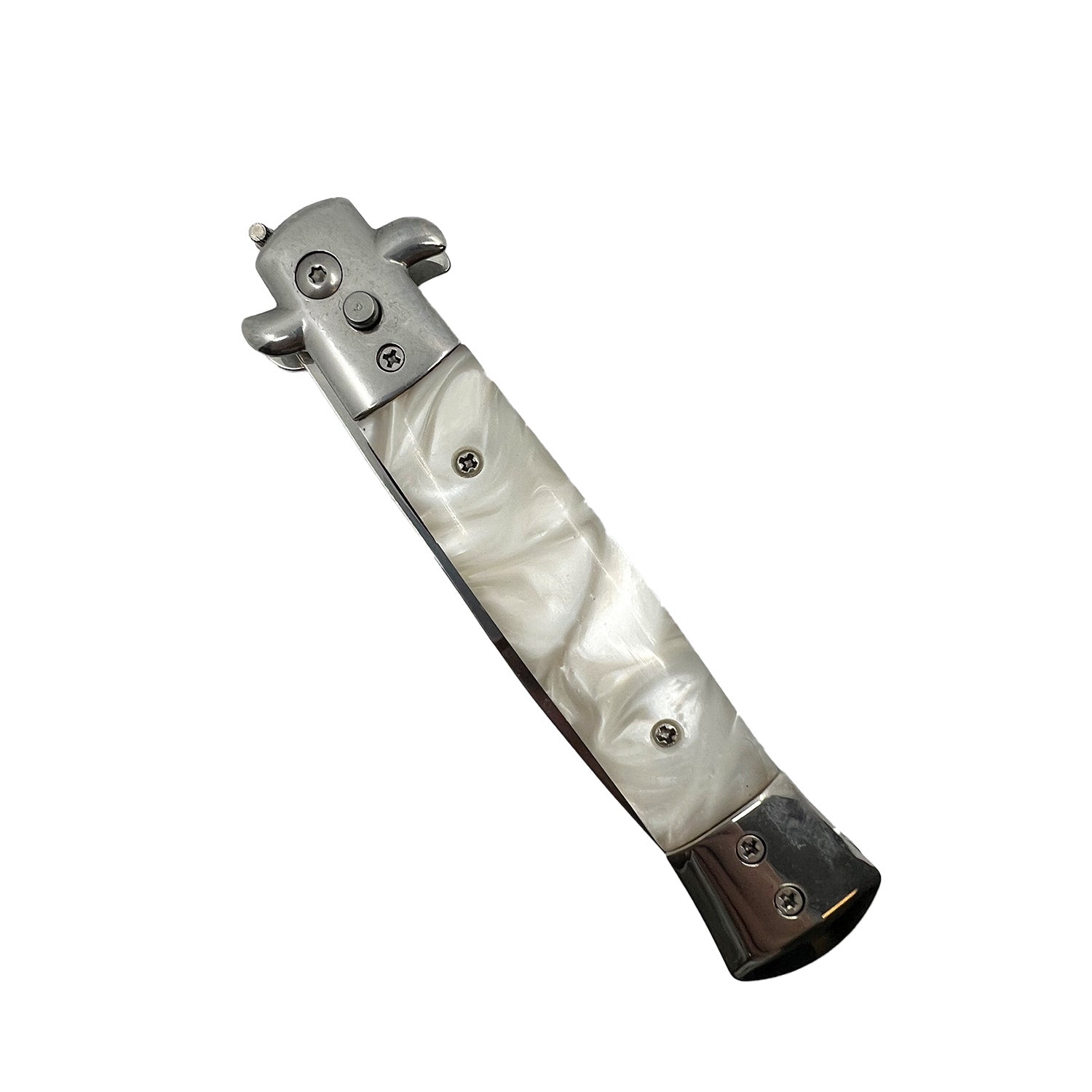 Closed Stiletto automatic knife showing white pearl handle and chrome bolsters