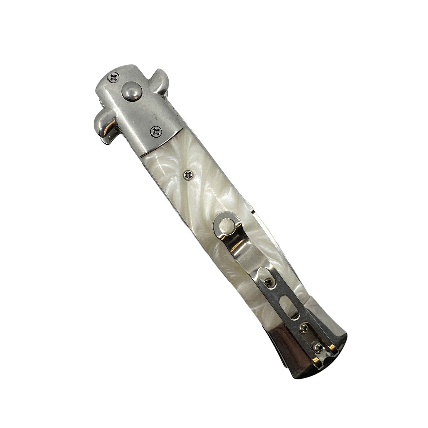 Stiletto automatic knife folded showing stainless pocket clip and pearl handle finish